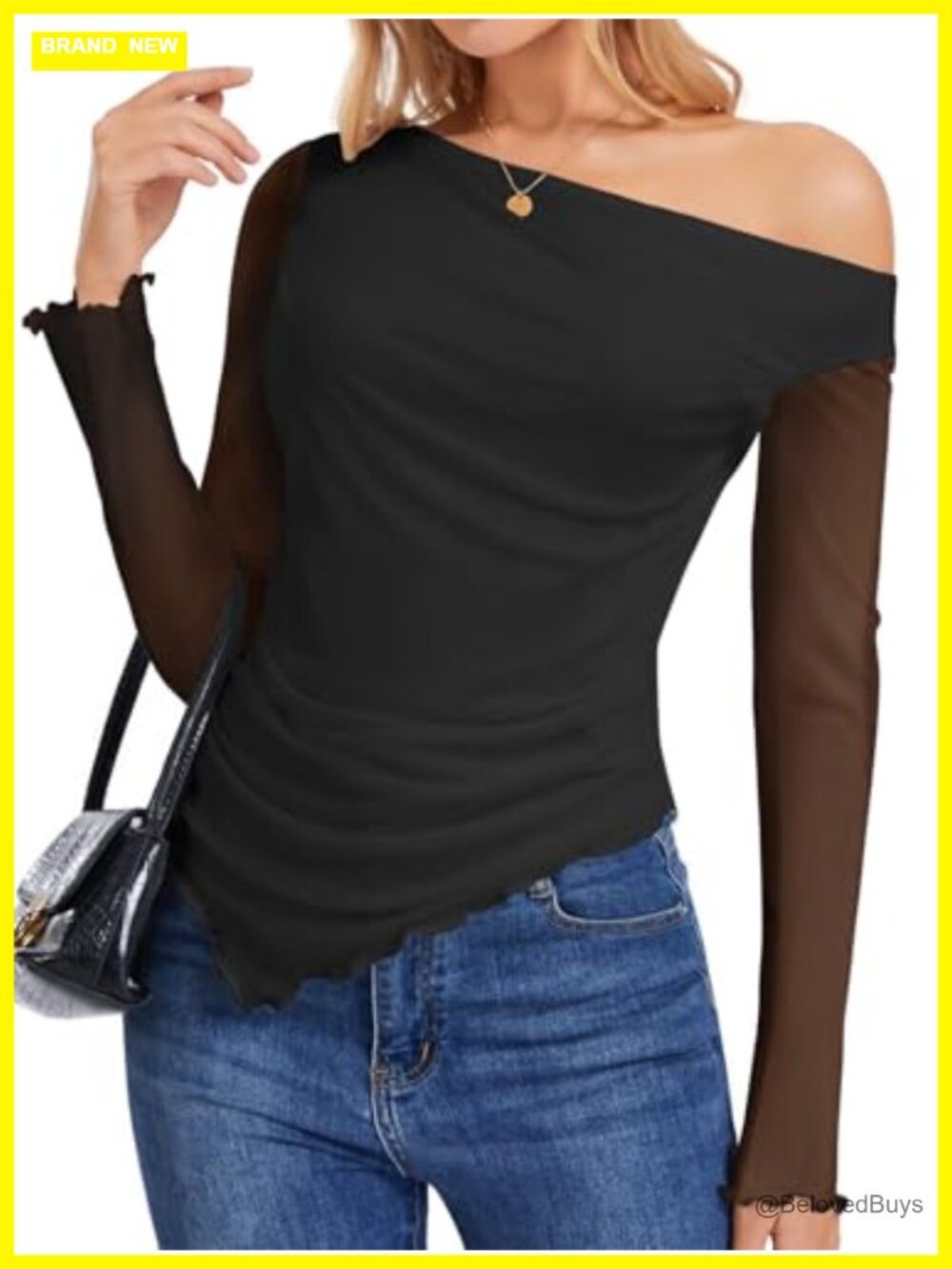 Off Shoulder Sheer Mesh Long Sleeve Ruched Blouse